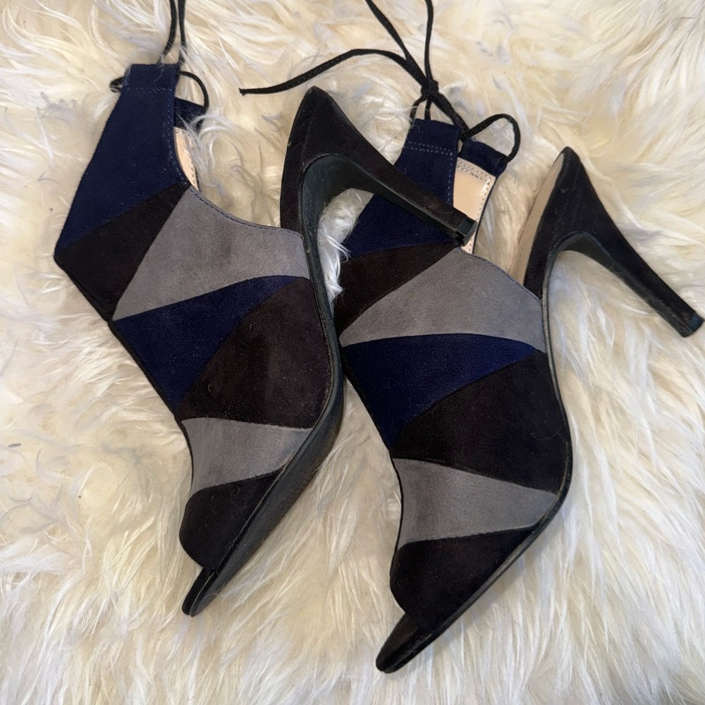 Blue/Black/Gray Patchwork Open-toed Slingback Heels - Size 7M